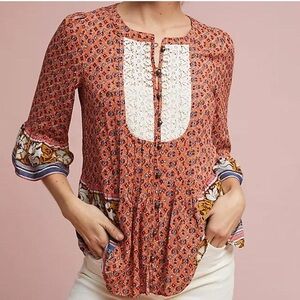 Anthropology Maeve Patterned Blouse with Lace Panel, M